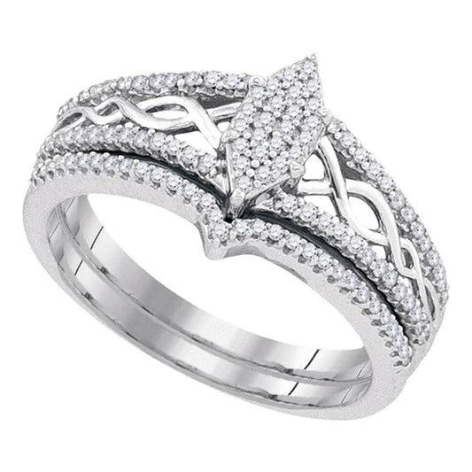 14k White Gold Round Diamond Oval Cluster Bridal Wedding Ring Set 1/3 Cttw