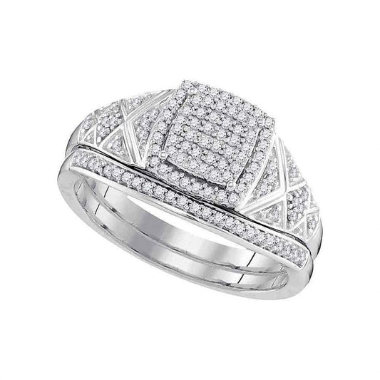 14k White Gold Round Diamond Square Bridal Wedding Ring Set 1/3 Cttw