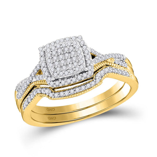 10k Yellow Gold Round Diamond Square Bridal Wedding Ring Set 1/3 Cttw