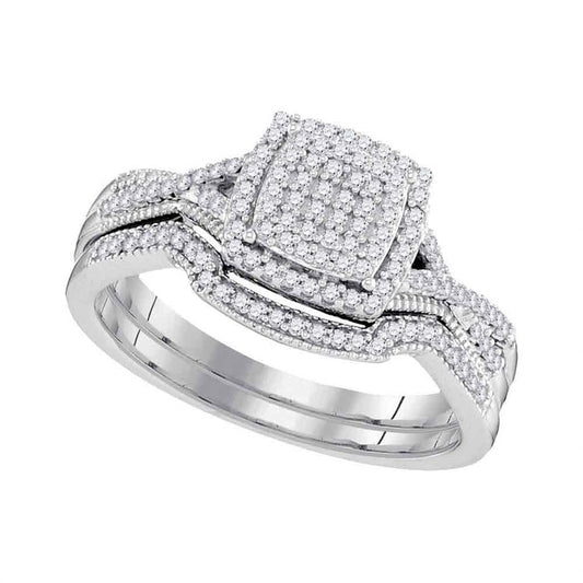 14k White Gold Round Diamond Square Bridal Wedding Ring Set 1/3 Cttw