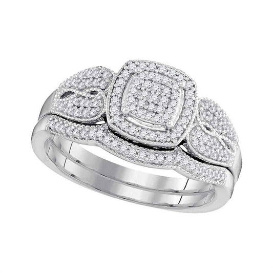 14k White Gold Round Diamond Square Bridal Wedding Ring Set 1/3 Cttw