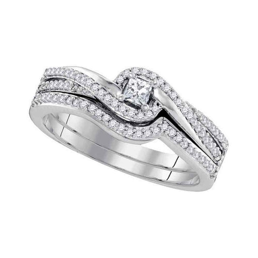 14k White Gold Princess Diamond Bridal Wedding Ring Set 1/3 Cttw