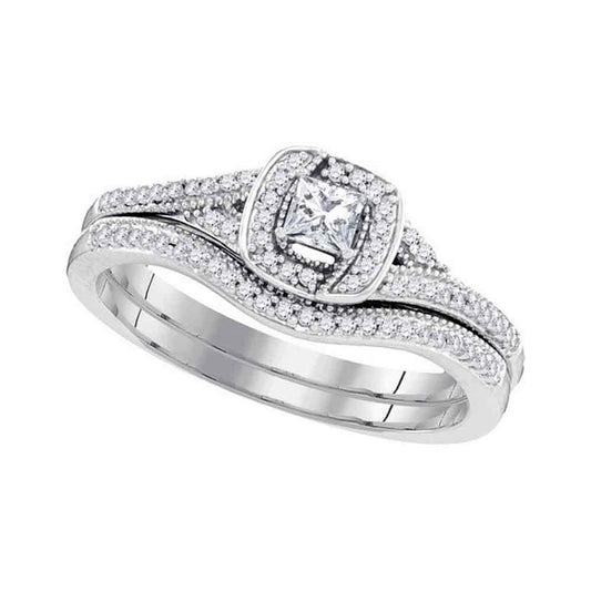 14k White Gold Princess Diamond Bridal Wedding Ring Set 1/3 Cttw