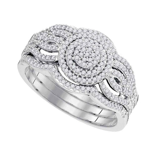 14k White Gold Round Diamond Circle Cluster Bridal Wedding Ring Set 3/8 Cttw