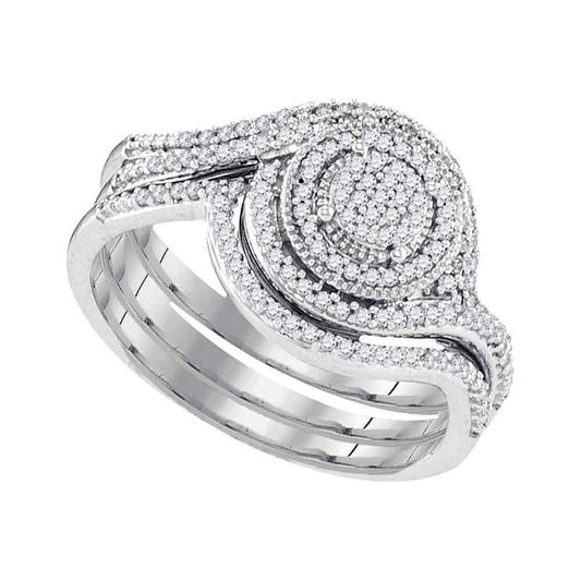 14k White Gold Round Diamond Circle Cluster Bridal Wedding Ring Set 1/3 Cttw