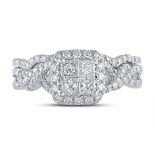 14k White Gold Princess Diamond Twist Bridal Wedding Ring Set 1 Cttw
