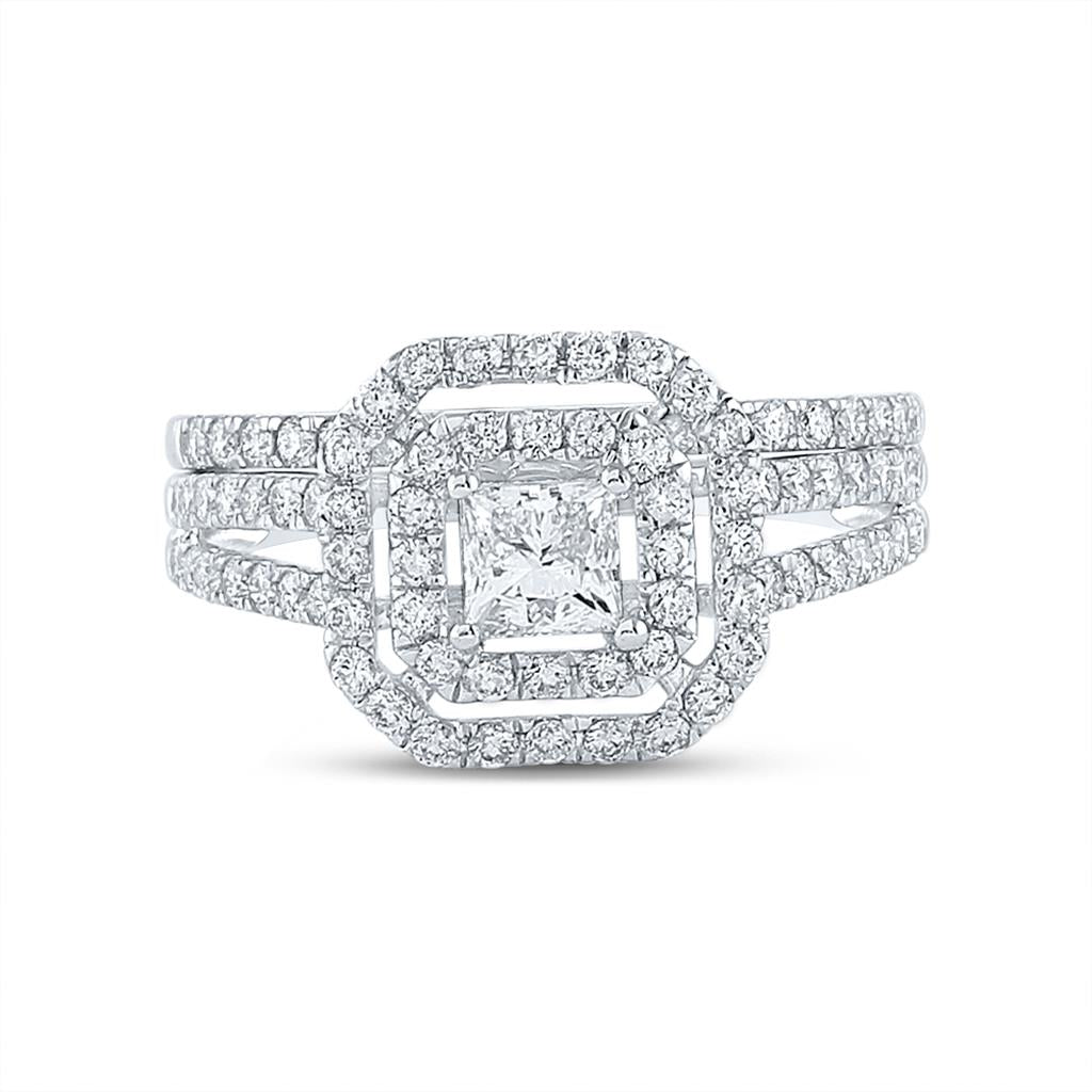 14k White Gold Princess Diamond Bridal Wedding Ring Set 1-1/2 Cttw (Certified)