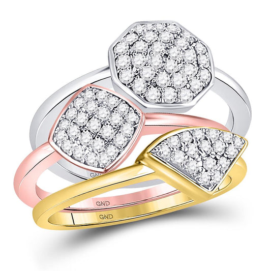 10k Tri-Tone Gold Round Diamond Stackable Ring 3-Piece Set 3/4 Cttw