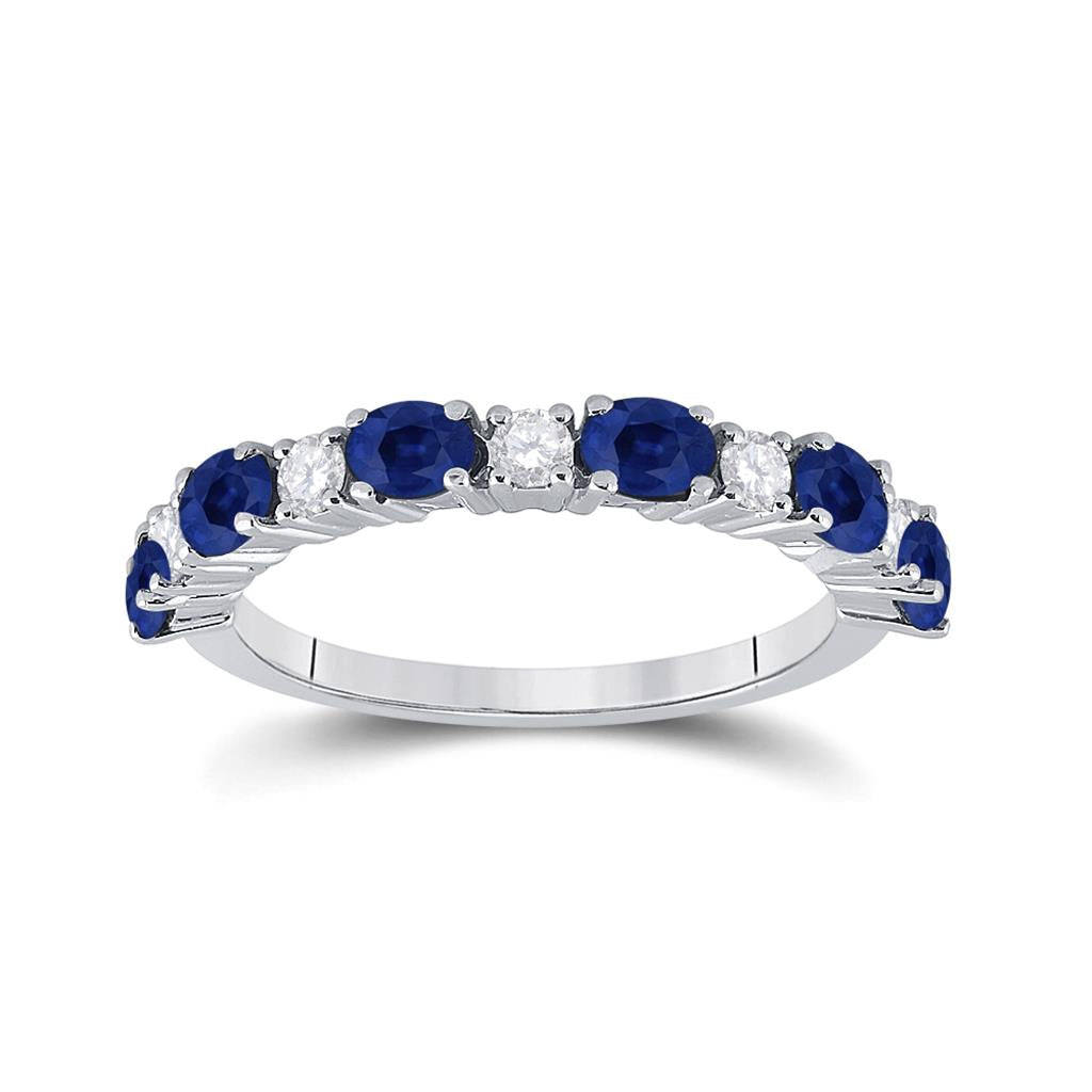 14k White Gold Oval Blue Sapphire Diamond Alternating Band Ring 1-1/2 Cttw
