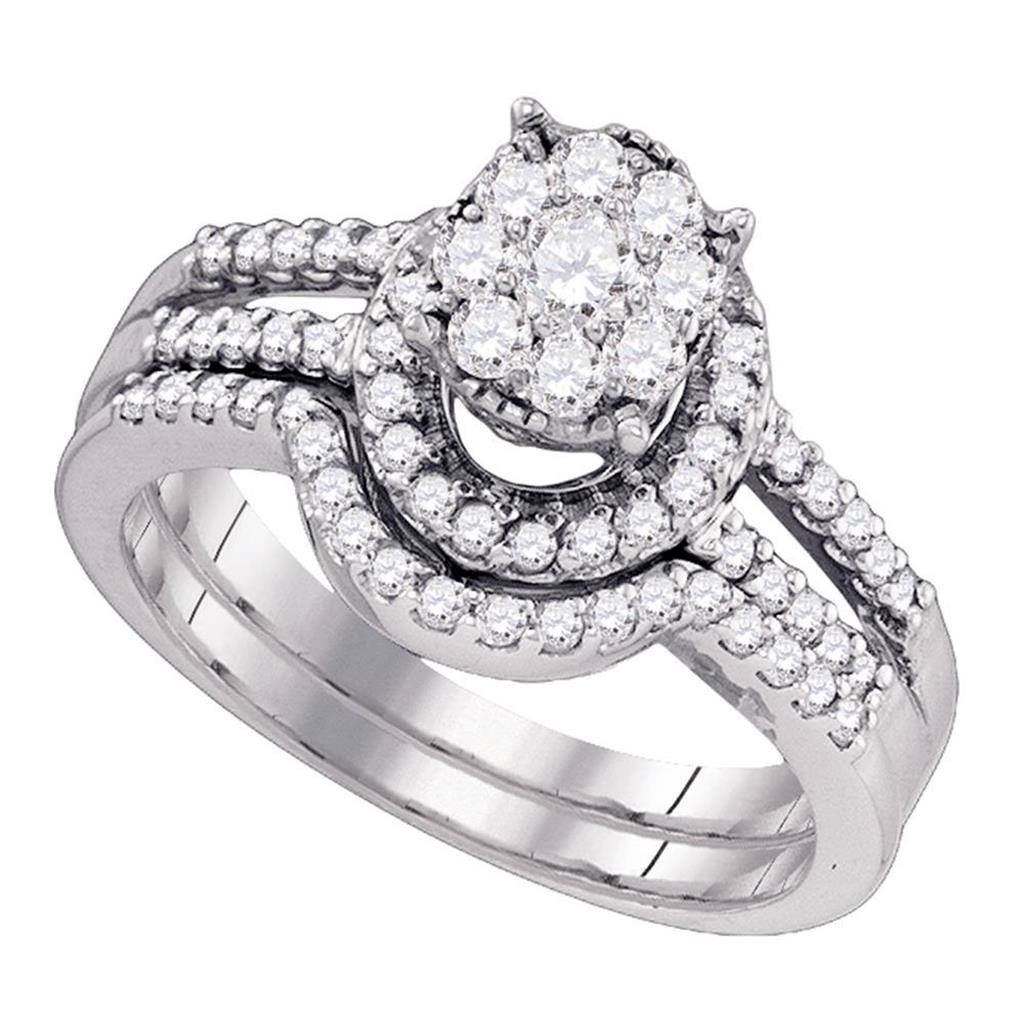 14k White Gold Round Diamond Cluster Bridal Wedding Ring Set 3/4 Cttw