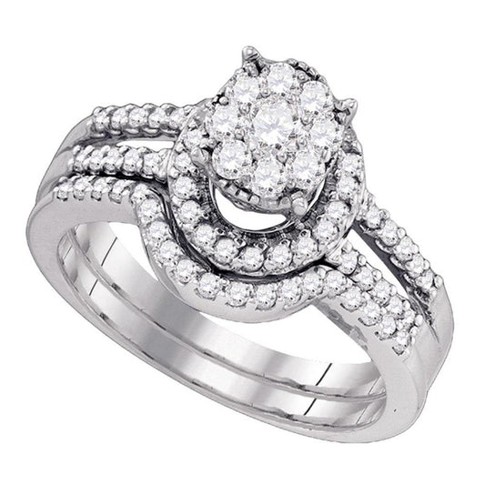 14k White Gold Round Diamond Cluster Bridal Wedding Ring Set 3/4 Cttw