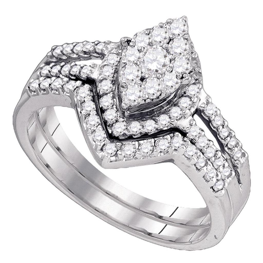 14k White Gold Round Diamond Oval Cluster Bridal Wedding Ring Set 3/4 Cttw