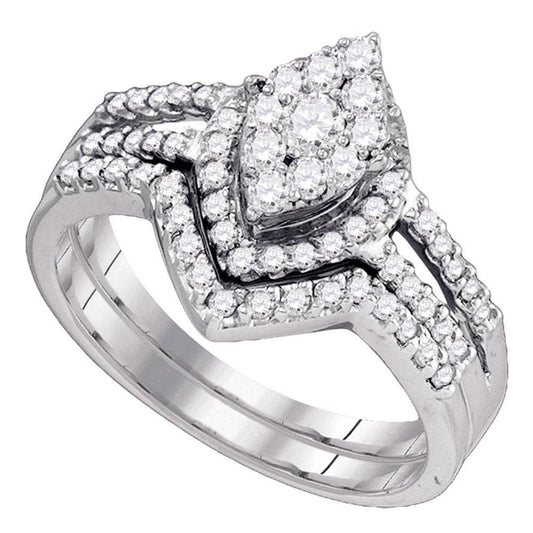 14k White Gold Round Diamond Oval Cluster Bridal Wedding Ring Set 3/4 Cttw