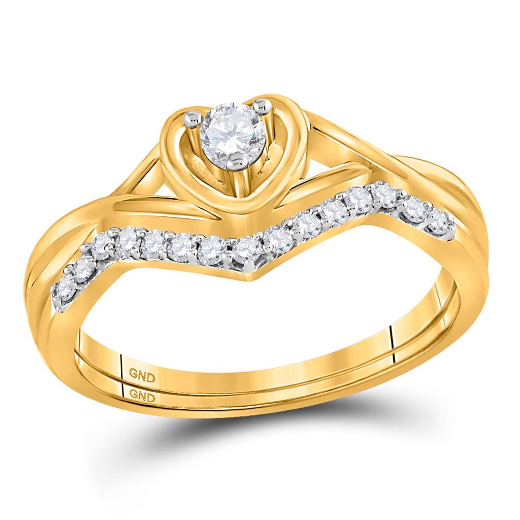 10k Yellow Gold Round Diamond Heart Bridal Wedding Ring Set 1/4 Cttw
