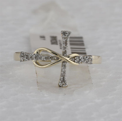 10k Yellow Gold Round Diamond Cross Infinity Band Ring 1/10 Cttw
