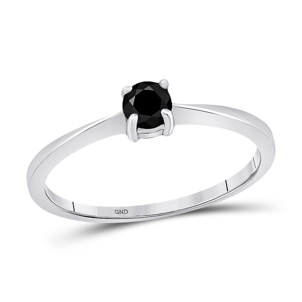 14k White Gold Round Black Diamond Solitaire Bridal Ring 1/4 Cttw
