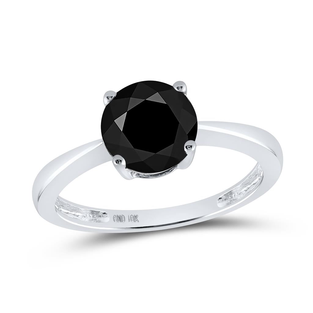 14k White Gold Round Black Diamond Solitaire Bridal Ring 2 Cttw