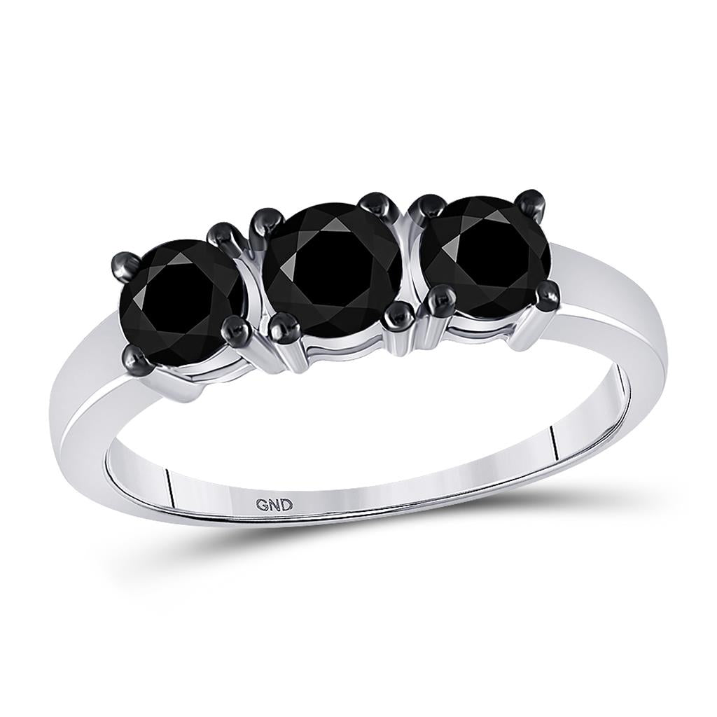 14k White Gold Round Black Diamond 3-stone Bridal Ring 1 Cttw