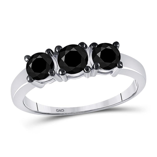 14k White Gold Round Black Diamond 3-stone Bridal Ring 1 Cttw