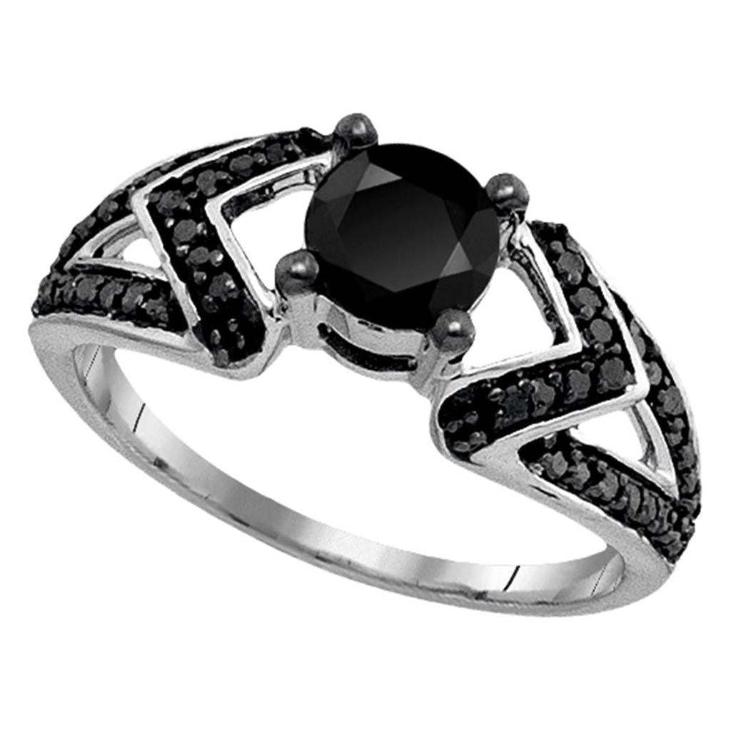 14k White Gold Round Black Diamond Solitaire Bridal Ring 1 Cttw