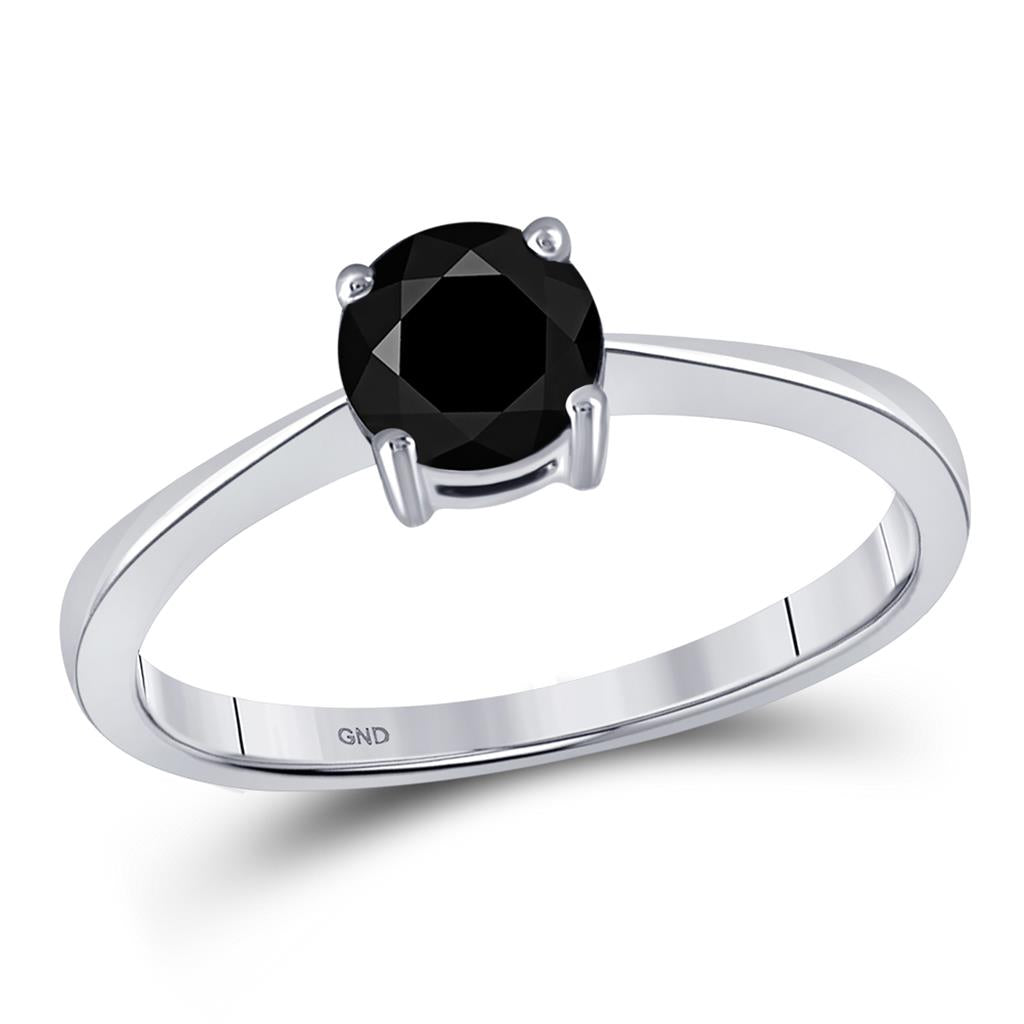 14k White Gold Round Black Diamond Solitaire Bridal Ring 1 Cttw