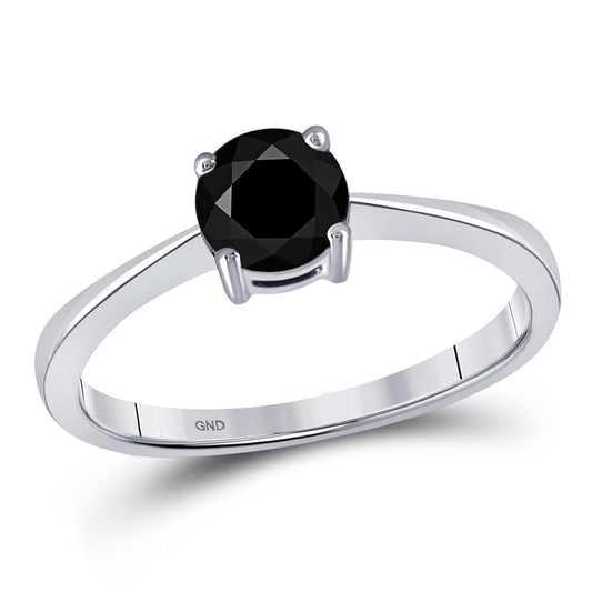 14k White Gold Round Black Diamond Solitaire Bridal Ring 1 Cttw