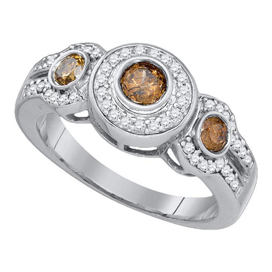 14k White Gold Round Brown Diamond 3-stone Bridal Engagement Ring 3/4 Cttw