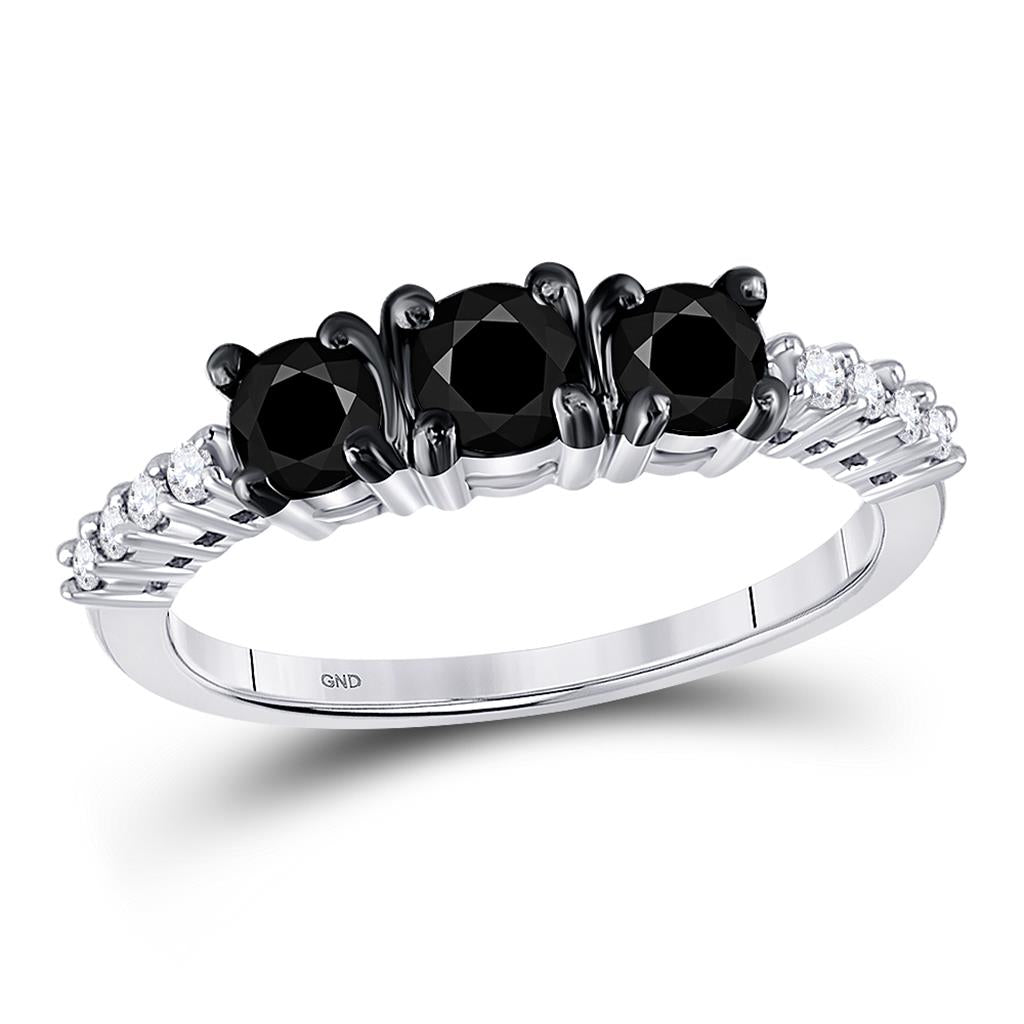 14k White Gold Round Black Diamond 3-stone Bridal Ring 1 Cttw