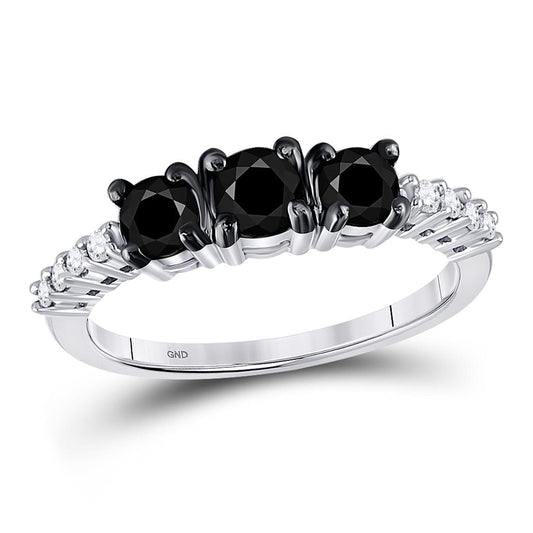 14k White Gold Round Black Diamond 3-stone Bridal Ring 1 Cttw