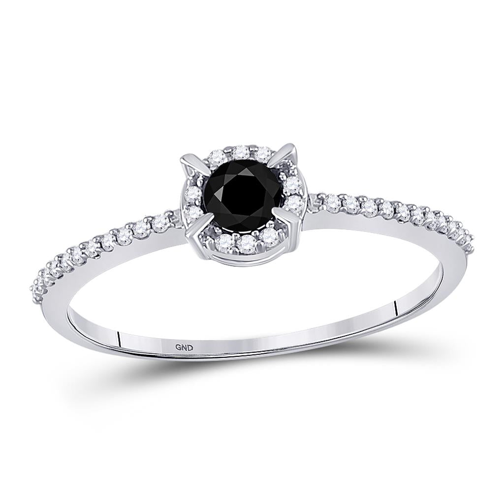 14k White Gold Round Black Diamond Solitaire Bridal Ring 3/8 Cttw