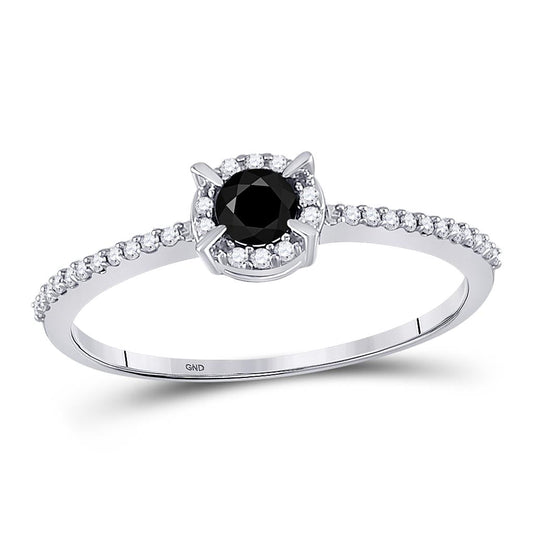 14k White Gold Round Black Diamond Solitaire Bridal Ring 3/8 Cttw