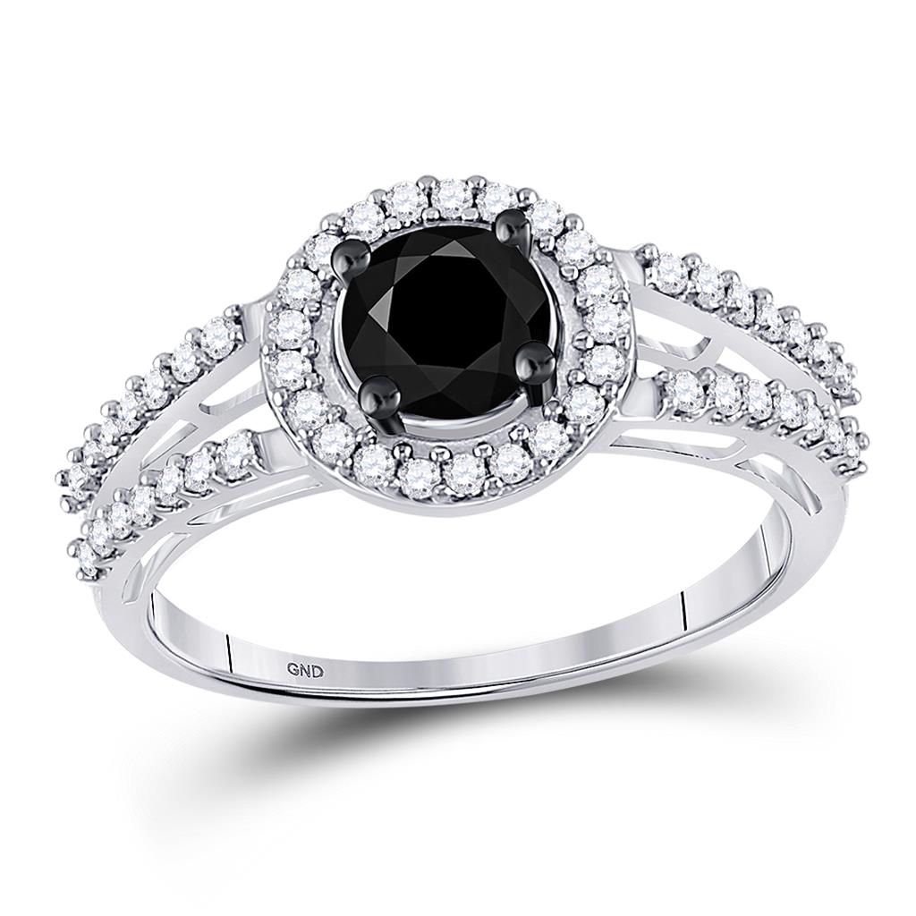 14k White Gold Round Black Diamond Solitaire Bridal Ring 1 Cttw