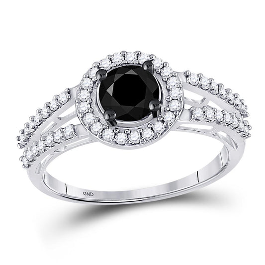 14k White Gold Round Black Diamond Solitaire Bridal Ring 1 Cttw