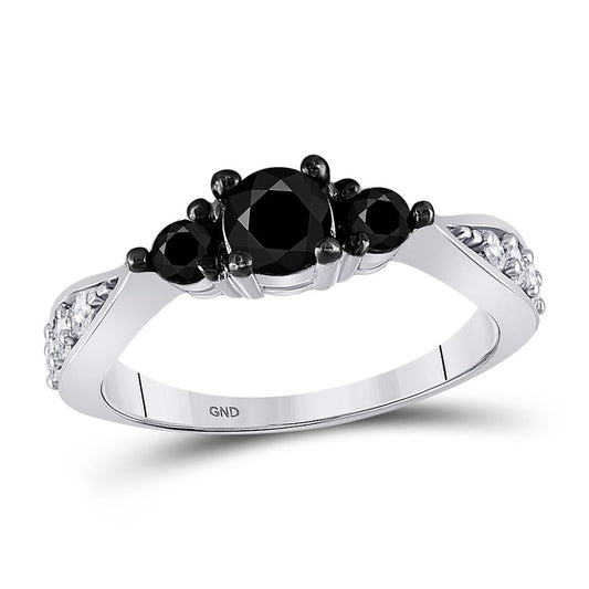 14k White Gold Round Black Diamond 3-stone Bridal Ring 1 Cttw