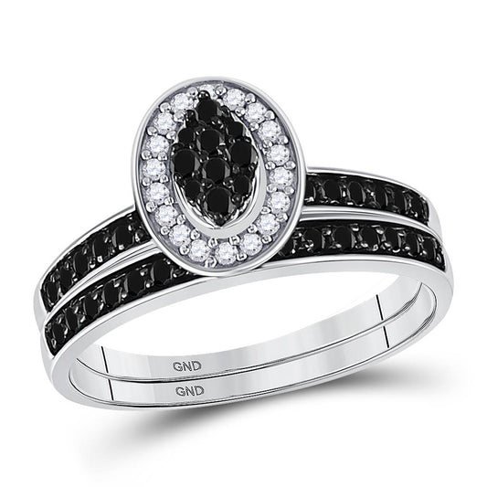 14k White Gold Round Black Diamond Bridal Wedding Ring Set 1/2 Cttw