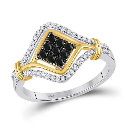10k Two-tone Gold Round Black Diamond Cluster Ring 3/8 Cttw