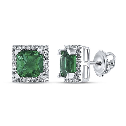 Sterling Silver Princess Created Emerald Solitaire Stud Earrings 1-3/4 Cttw