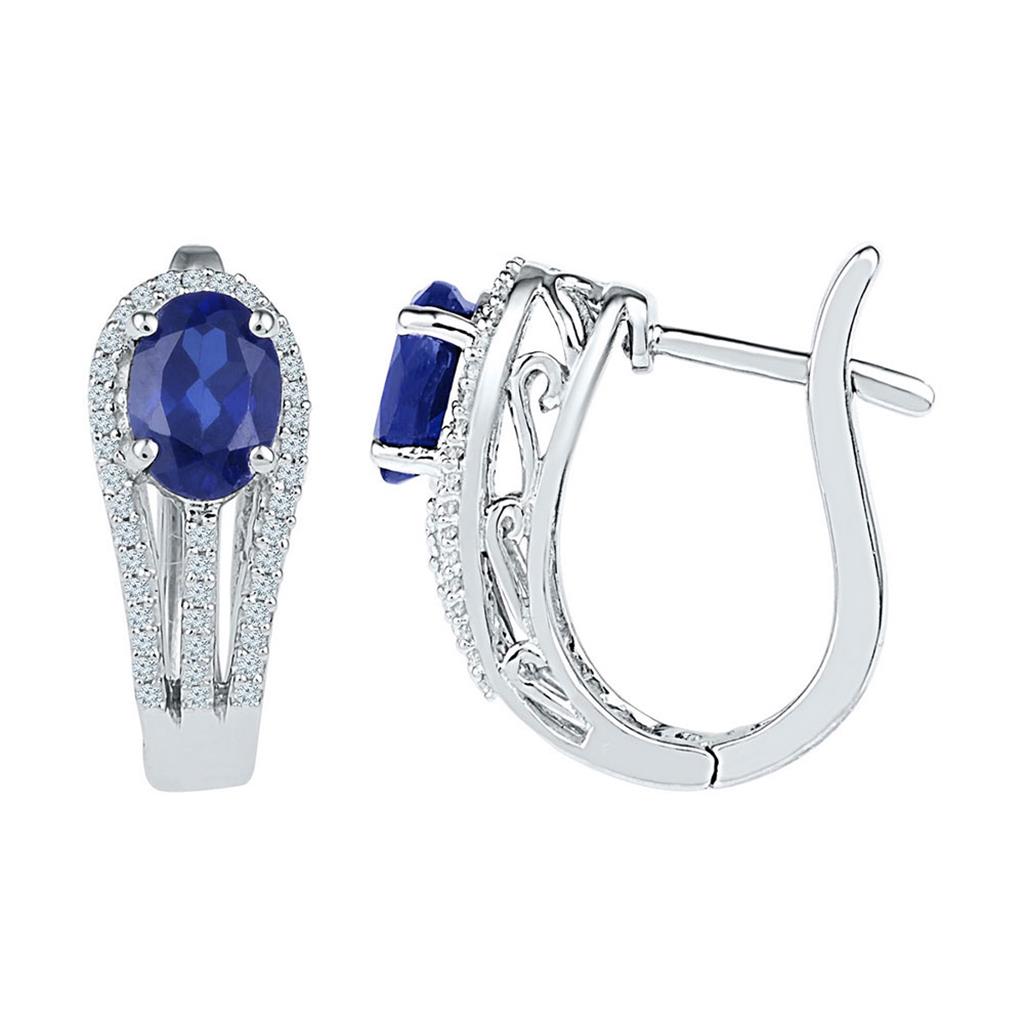 Sterling Silver Oval Created Blue Sapphire Diamond Hoop Earrings 2-5/8 Cttw