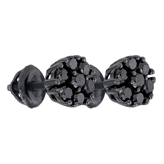 Black-finish Sterling Silver Black Diamond Cluster Earrings 1 Cttw