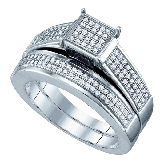 Sterling Silver Diamond Square Cluster Bridal Wedding Ring Set 3/8 Cttw