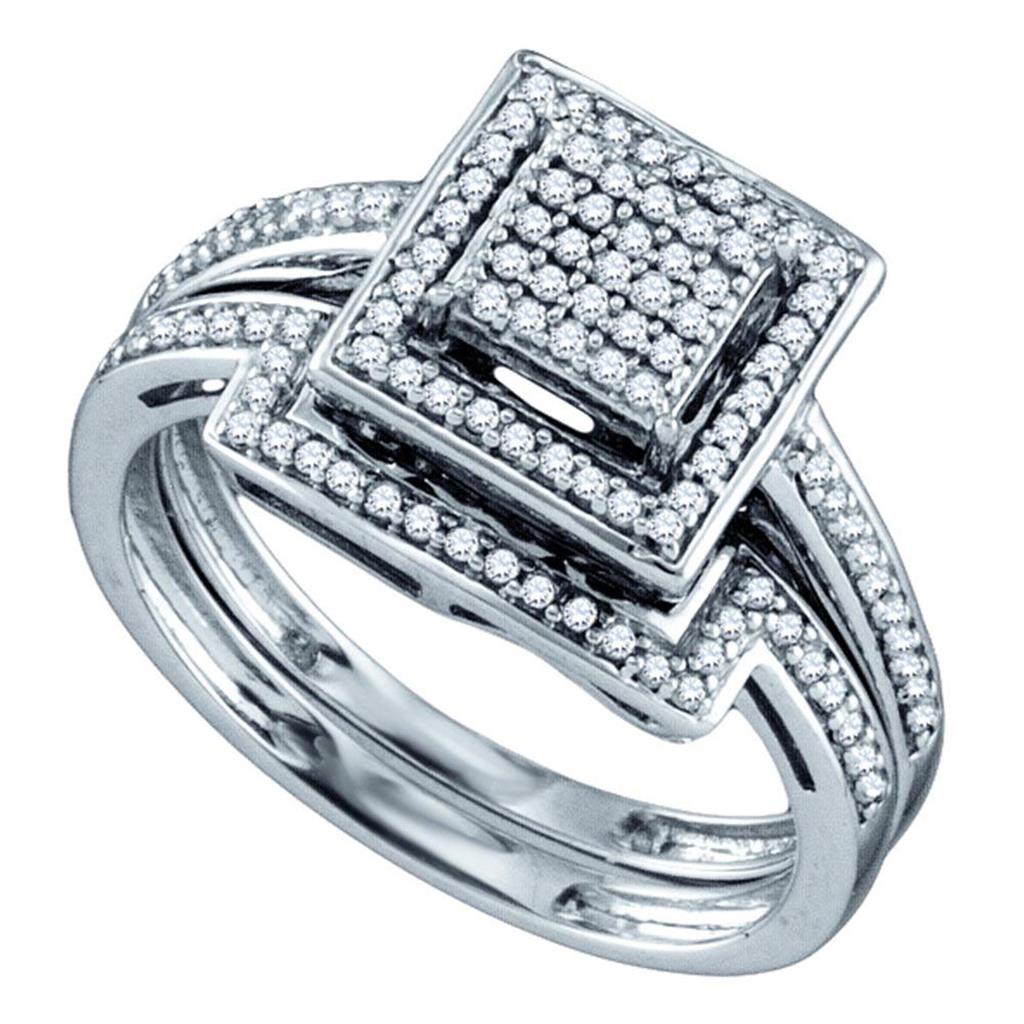 Sterling Silver Diamond Square Cluster Bridal Wedding Ring Set 1/3 Cttw