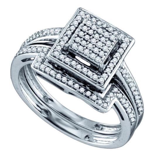 Sterling Silver Diamond Square Cluster Bridal Wedding Ring Set 1/3 Cttw