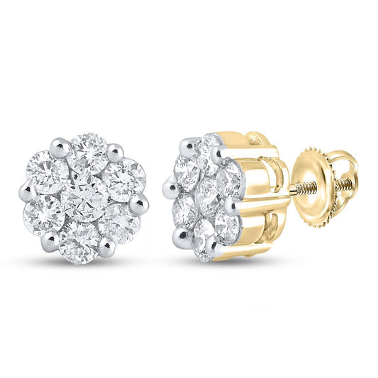 14k Yellow Gold Round Diamond Flower Cluster Stud Earrings 2 Cttw