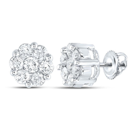 14k White Gold Round Diamond Large Flower Cluster Stud Earrings 1-1/2 Cttw