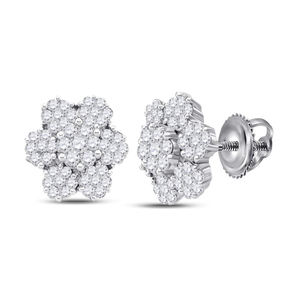 14k White Gold Round Diamond Flower Cluster Earrings 2 Cttw