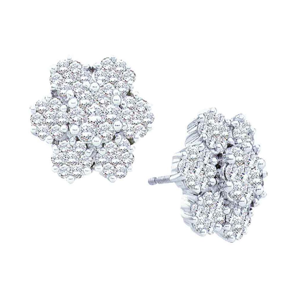 14k White Gold Round Diamond Large Flower Cluster Earrings 4 Cttw