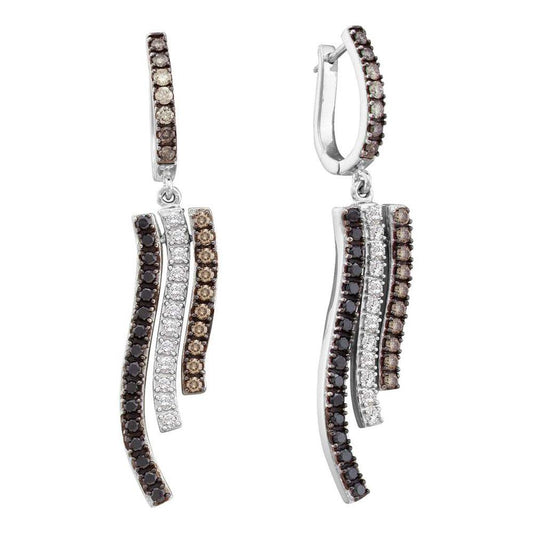 14k White Gold Brown Black Diamond Vertical Dangle Hoop Earrings 1 Cttw
