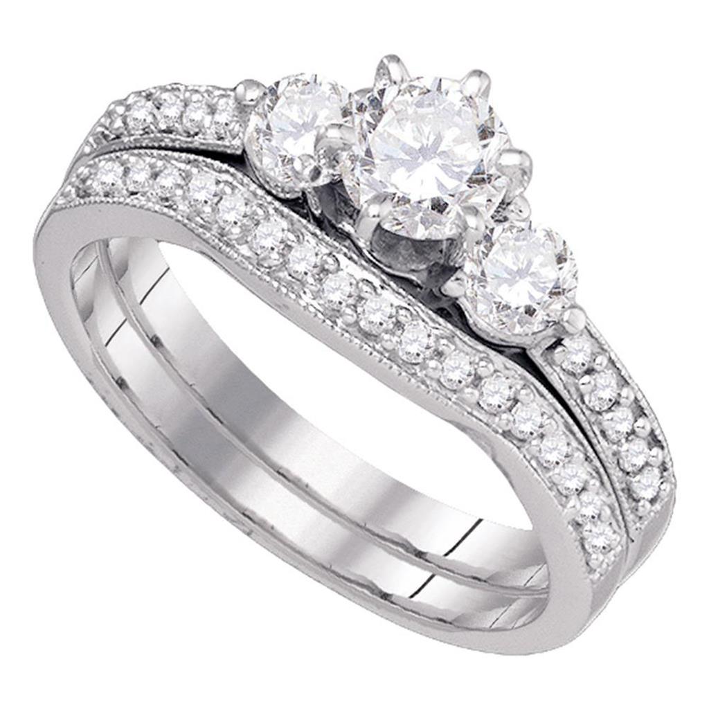14k White Gold Round Diamond 3-stone Bridal Wedding Ring Set 1 Cttw