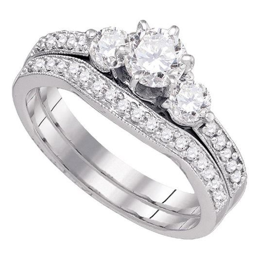 14k White Gold Round Diamond 3-stone Bridal Wedding Ring Set 1 Cttw