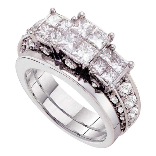 14k White Gold Princess Diamond Invisible-set Wedding Bridal Ring Set 3 Cttw